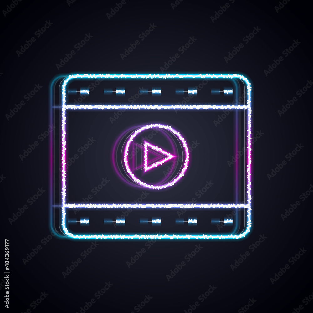 闪烁的霓虹灯线在黑色背景上播放隔离的视频图标。电影条形标志。矢量