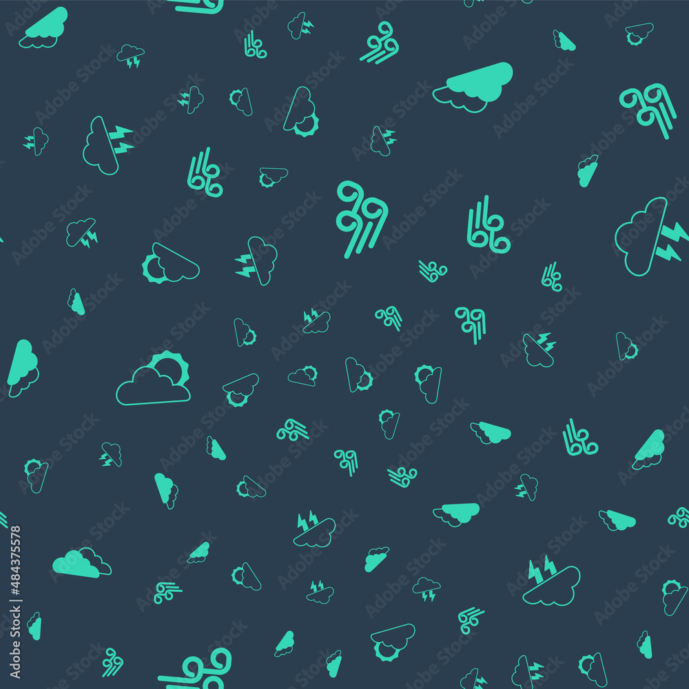 Set Windy weather, Cloud, Sun and cloud and Storm on seamless pattern. Vector