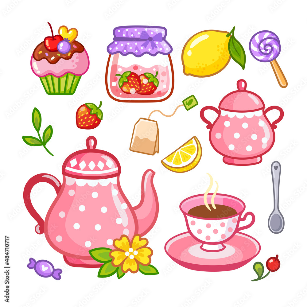 关于茶主题和茶器的矢量插图集。可爱的卡通系列和蛋糕。