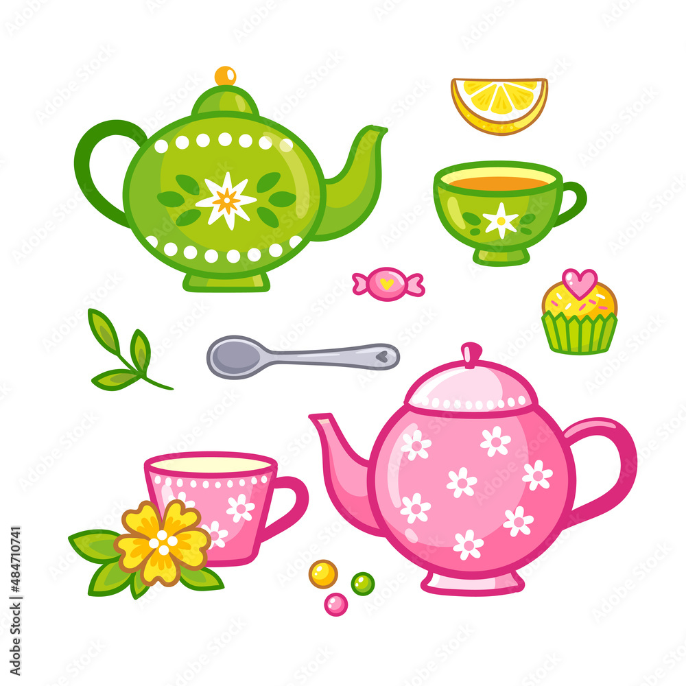 茶瓷服务。卡通风格的茶壶和蛋糕套装。