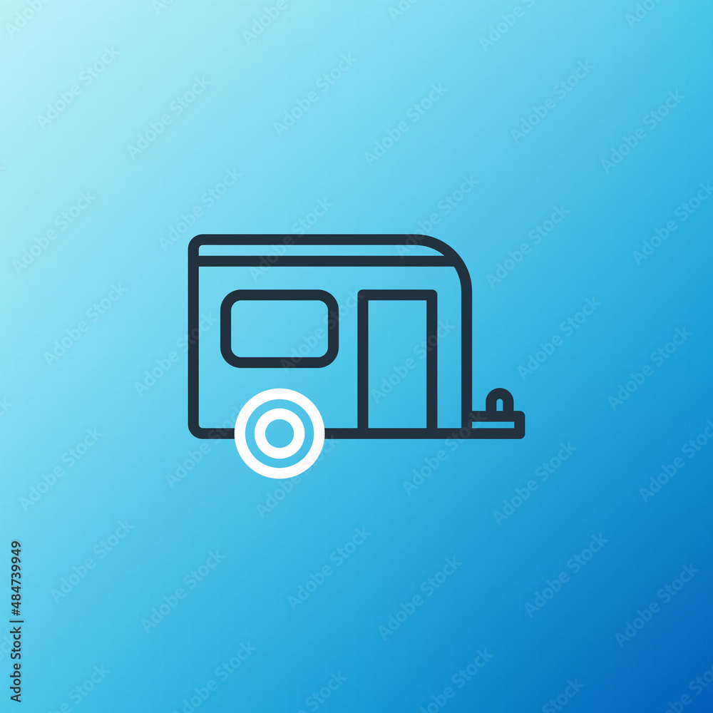 Line Rv Camping trailer icon isolated on blue background. Travel mobile home, caravan, home camper f