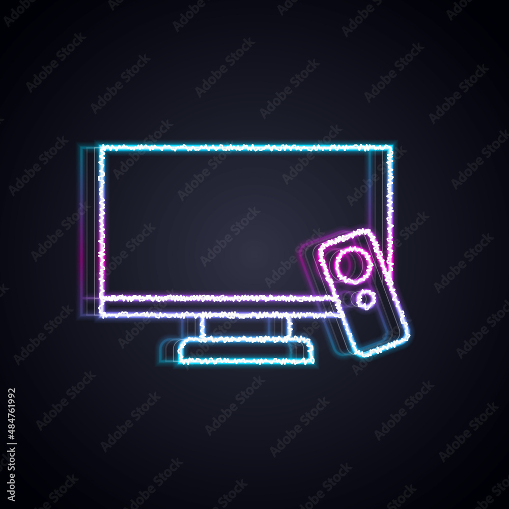 发光霓虹灯线智能电视图标隔离在黑色背景上。电视标志。矢量