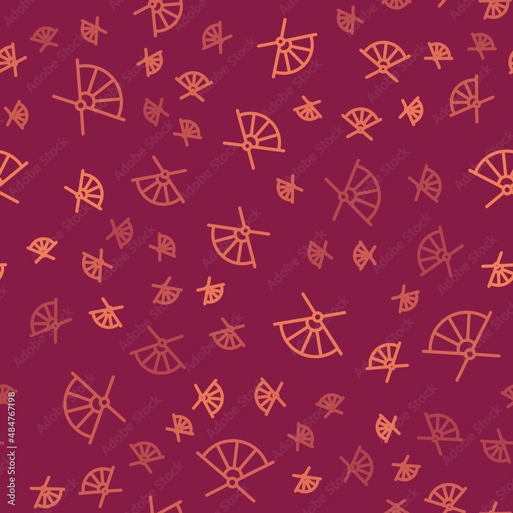 棕色线条传统纸质中国或日本折扇图标红色b上隔离无缝图案