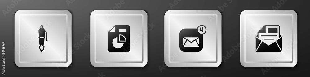 设置Fountain笔尖、带图表的文档、信封、邮件和电子邮件图标。银色方形bu