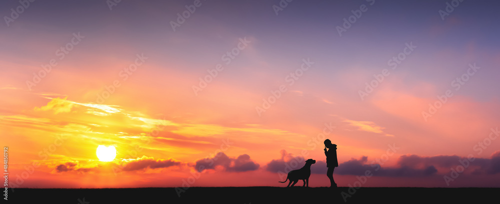 日落时一个女孩和一只大狗的剪影