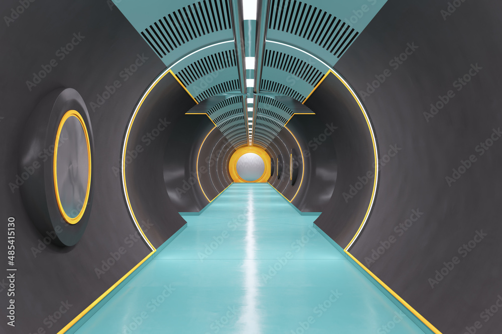抽象的深色混凝土和蓝色隧道内部。未来主义的宇宙飞船设计概念。3D渲染。