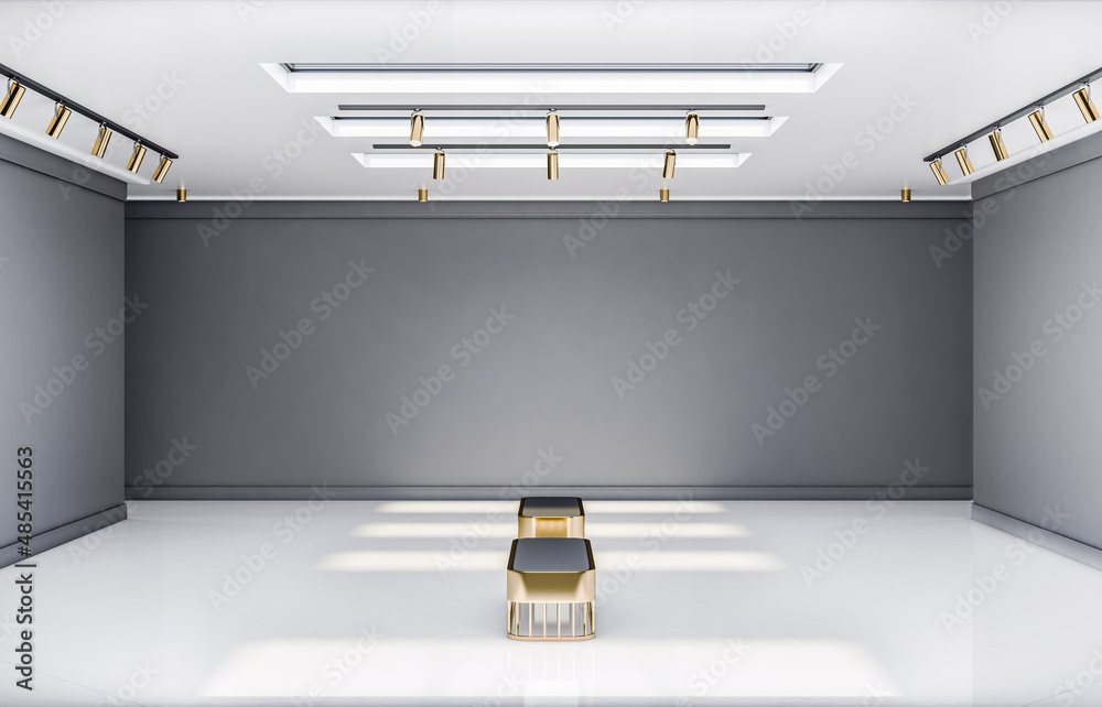 Front view on stylish benches in empty exhibition hall with glossy white floor, blank grey walls and
