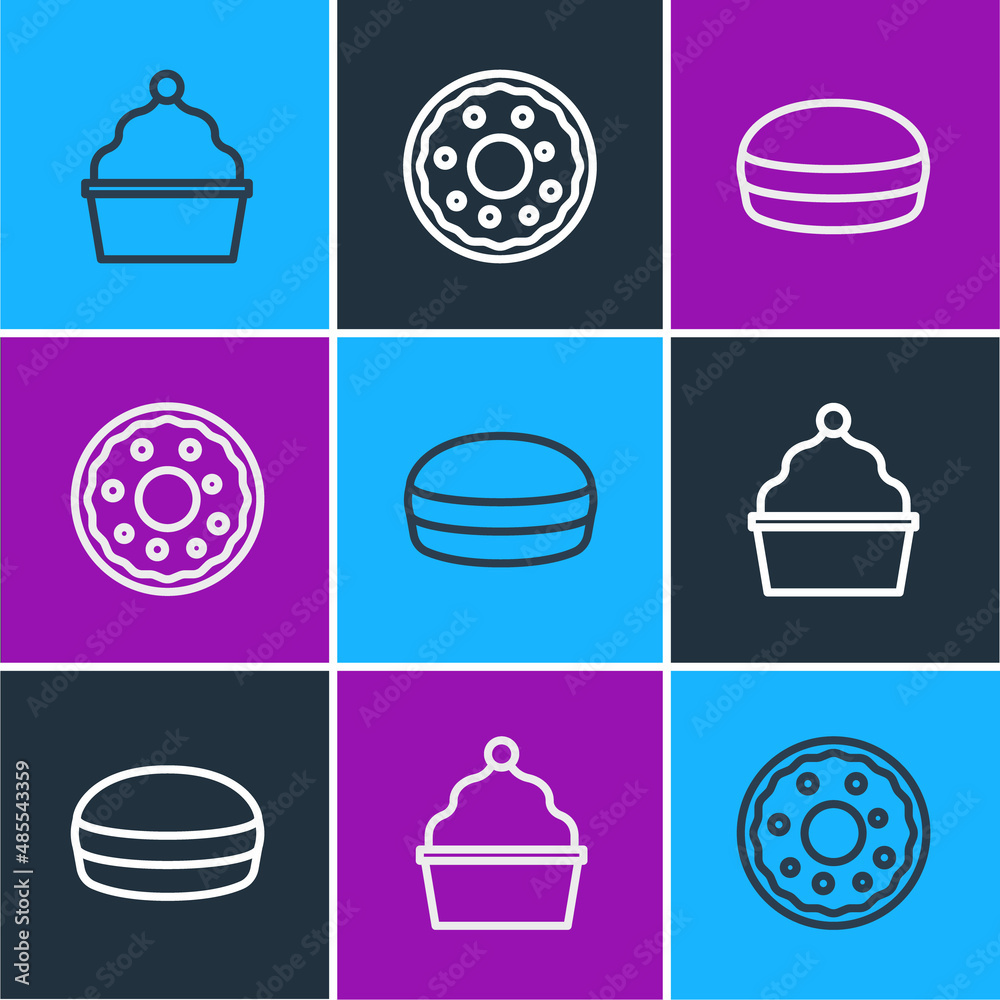 Set line Cake, Macaron cookie and Donut icon. Vector