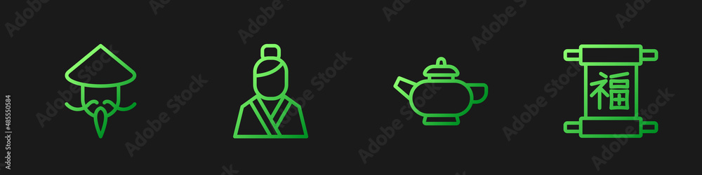 Set line Chinese tea ceremony, Asian or conical straw hat, woman and New Year. Gradient color icons.