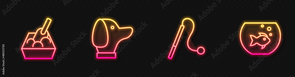 Set line Pet cat toy, Cat litter tray with shovel, Dog and Aquarium fish. Glowing neon icon. Vector