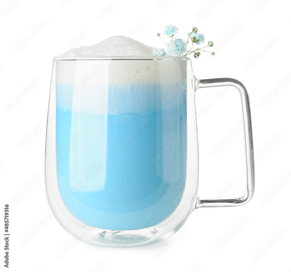 Glass cup of blue matcha latte on white background