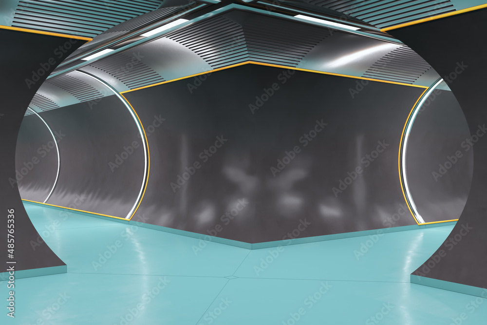 抽象的深色混凝土和蓝色隧道内部，带实体模型。未来主义宇宙飞船设计conc