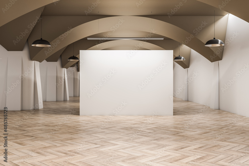 现代展厅内部，混凝土墙和木地板，空白实体模型。画廊