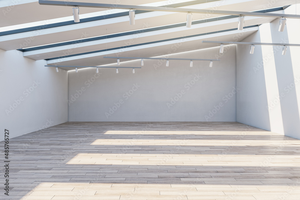 轻质混凝土展厅内部，木地板，墙上和阳光下的空模型