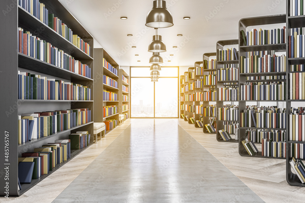 阳光明媚的现代图书馆内部有很多书籍的正面视图的教育和知识概念