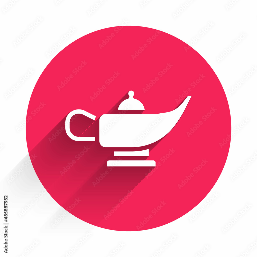 White Magic lamp or Aladdin lamp icon isolated with long shadow. Spiritual lamp for wish. Red circle
