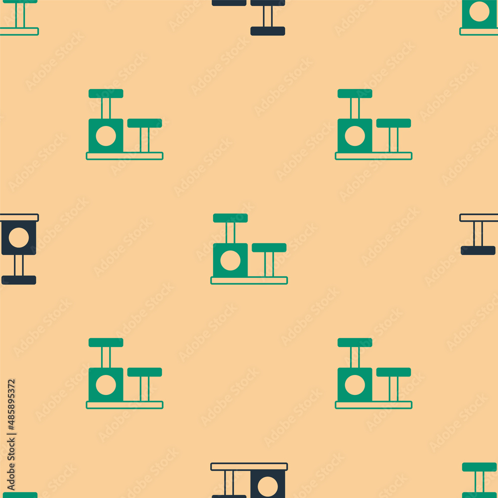 Green and black Cat scratching post with toy icon isolated seamless pattern on beige background. Vec