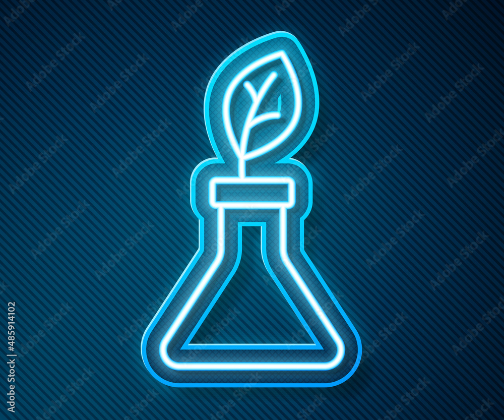 Glowing neon line Plant breeding icon isolated on blue background. Plants growing in the test tubes.