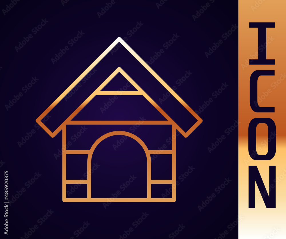 Gold line Dog house icon isolated on black background. Dog kennel. Vector