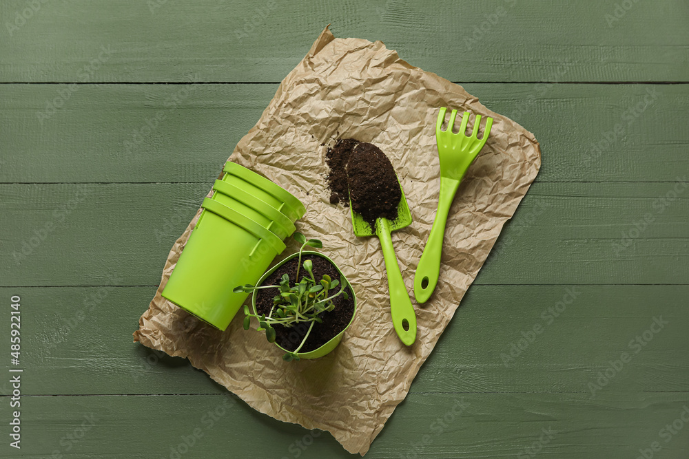 绿色木质背景上的花盆和园艺工具