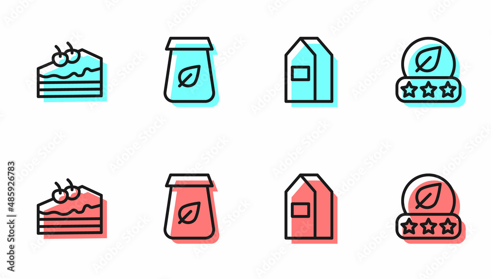 Set line Paper package for milk, Piece of cake, Tea packaging and leaf icon. Vector