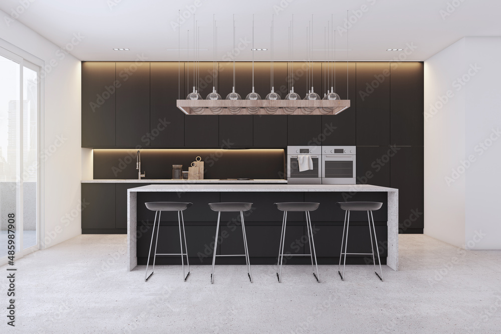 Minimalist black concrete kitchen interior with island, furniture, equipment and window with city vi
