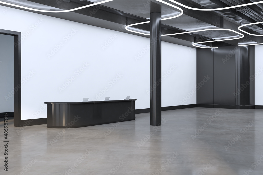 现代混凝土办公室接待室内，墙上有桌子和实体模型。3D渲染。