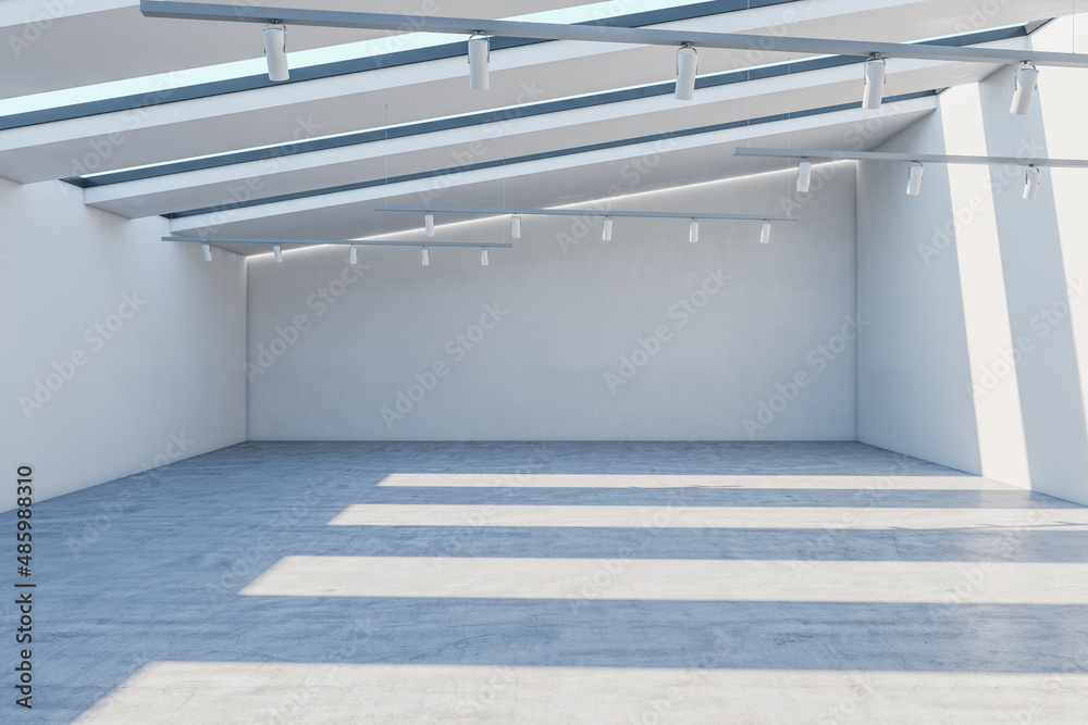 极简主义混凝土展厅内部，墙上有空的实体模型，阳光充足。3D Ren