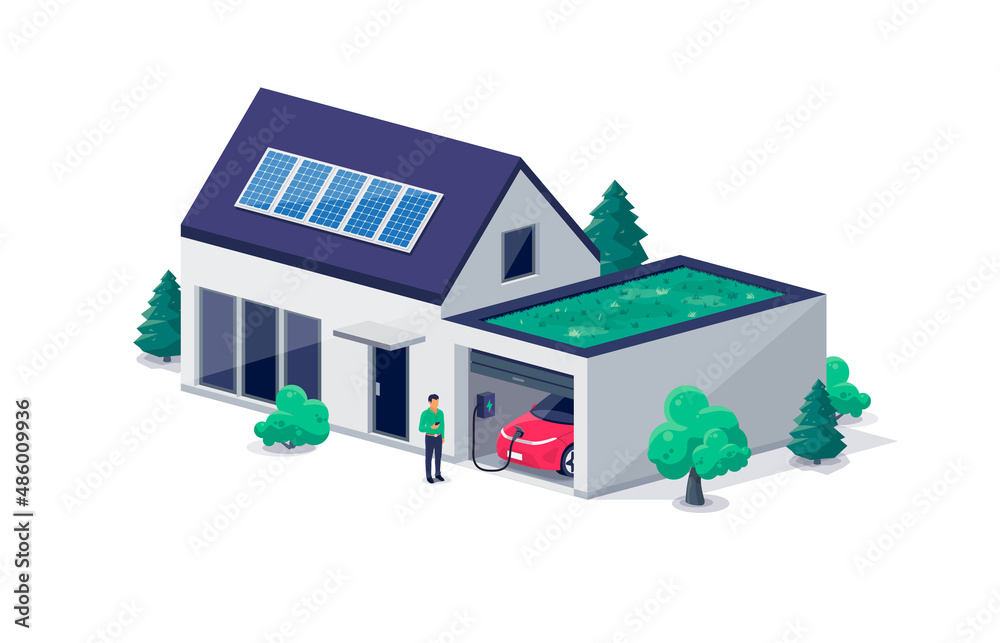 家用车库和绿色屋顶壁挂式充电站内的电动汽车停车充电。住宅