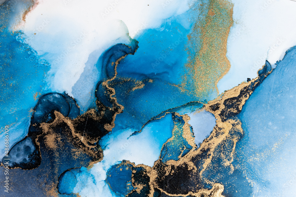 奢华的蓝色抽象背景大理石液体墨水艺术画在纸上。原始艺术的图像