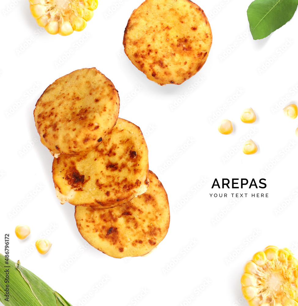 Creative layout made of arepa. Flat lay. Food concept. Arepas on white background.
