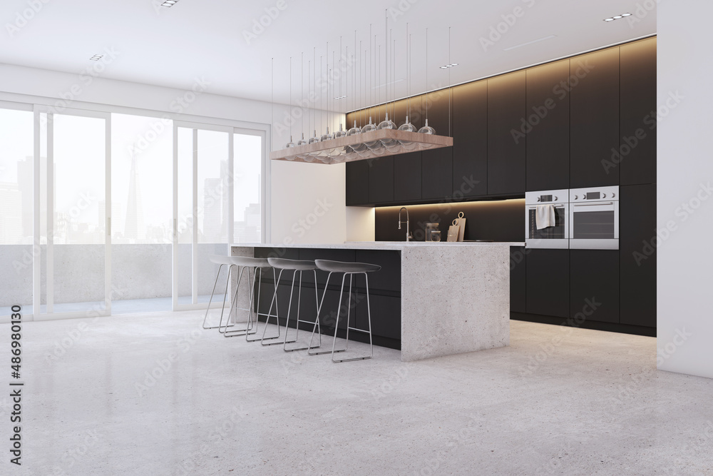 Modern black concrete kitchen interior with island, furniture, equipment and window with city view. 