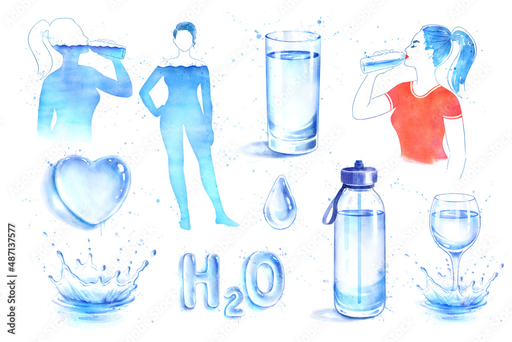 Watercolor set of water balance hydration concept