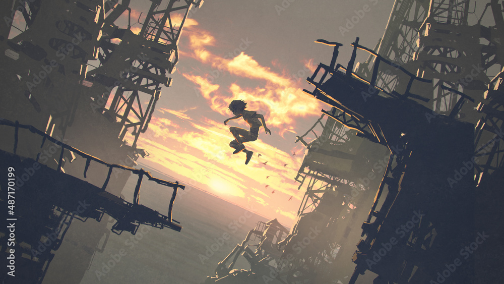 一个孩子在日落的背景下从建筑废墟中跳下，数字艺术风格，插图