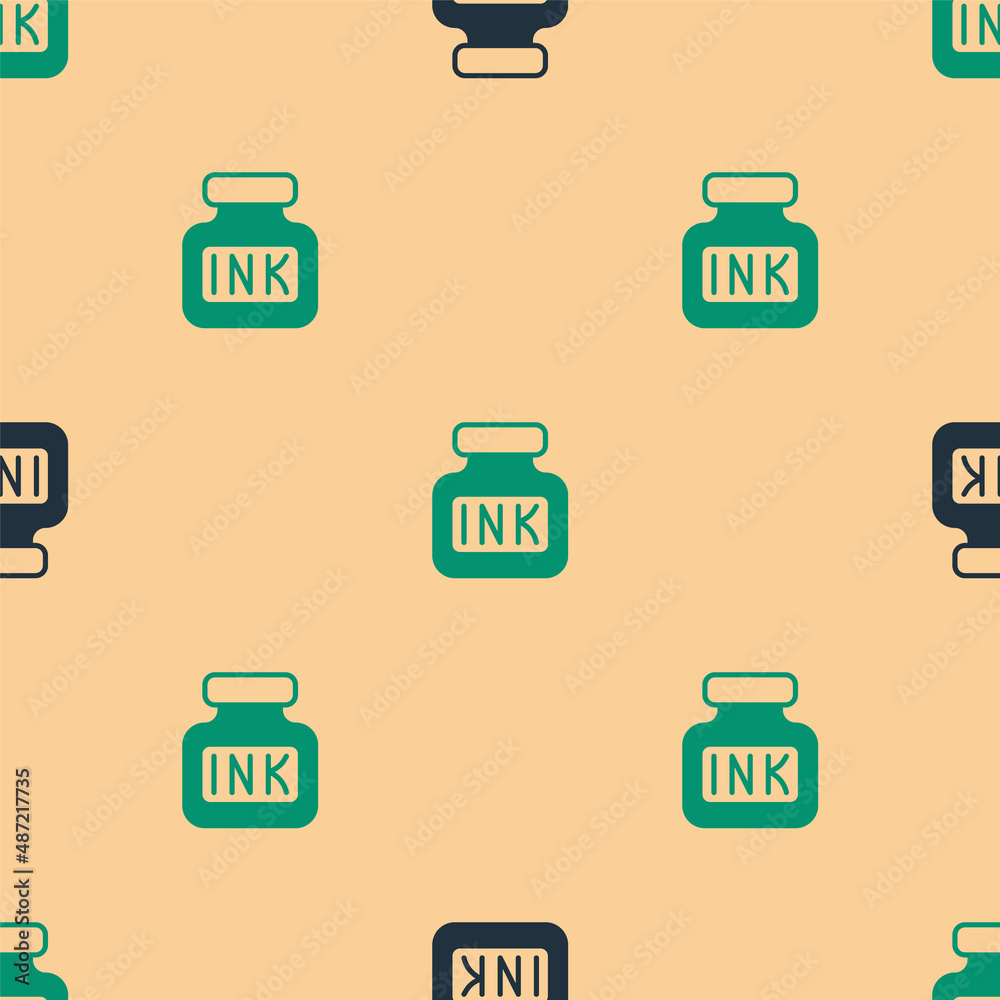 Green and black Inkwell icon isolated seamless pattern on beige background. Vector