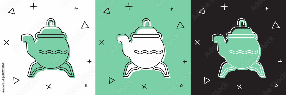 将经典茶壶图标隔离在白色和绿色黑色背景上。矢量