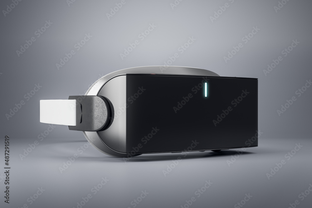 Close up of abstract virtual reality glasses on abstract blurry background with blank mock up place 