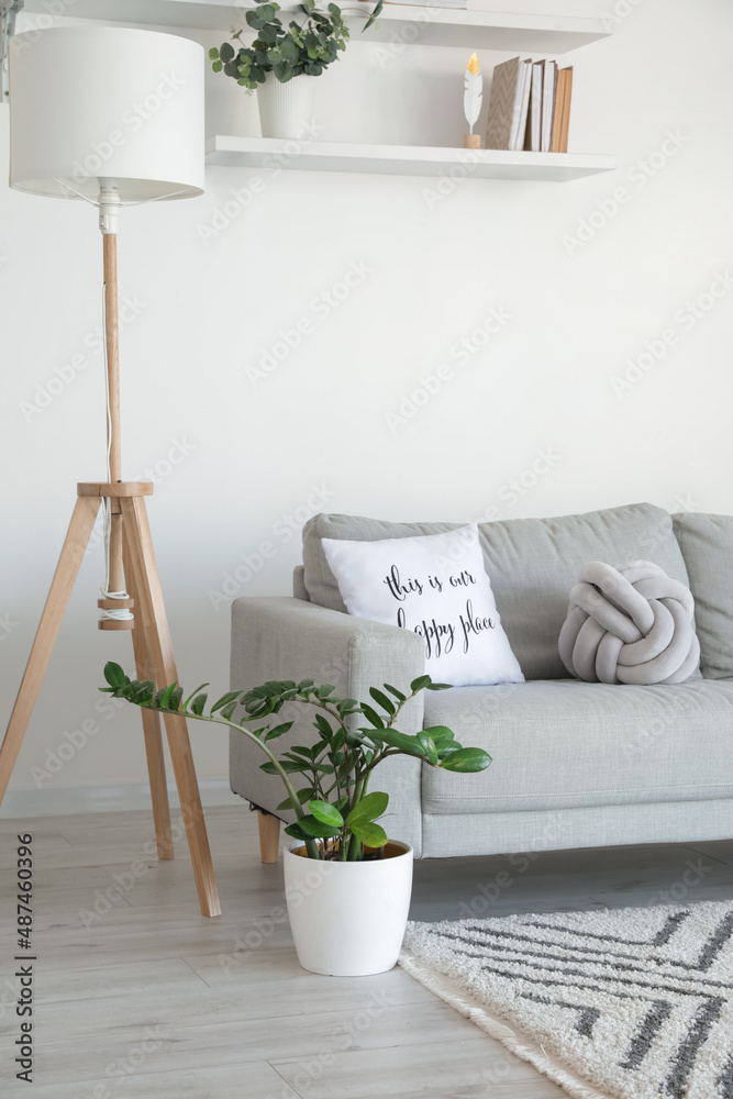 时尚的灰色沙发，客厅现代室内有灯和室内植物