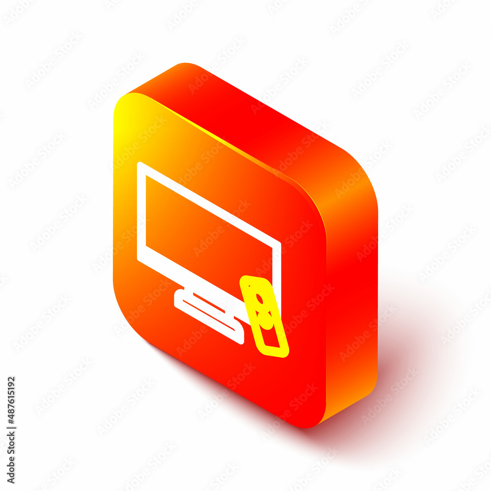 Isometric line Smart Tv icon isolated on white background. Television sign. Orange square button. Ve