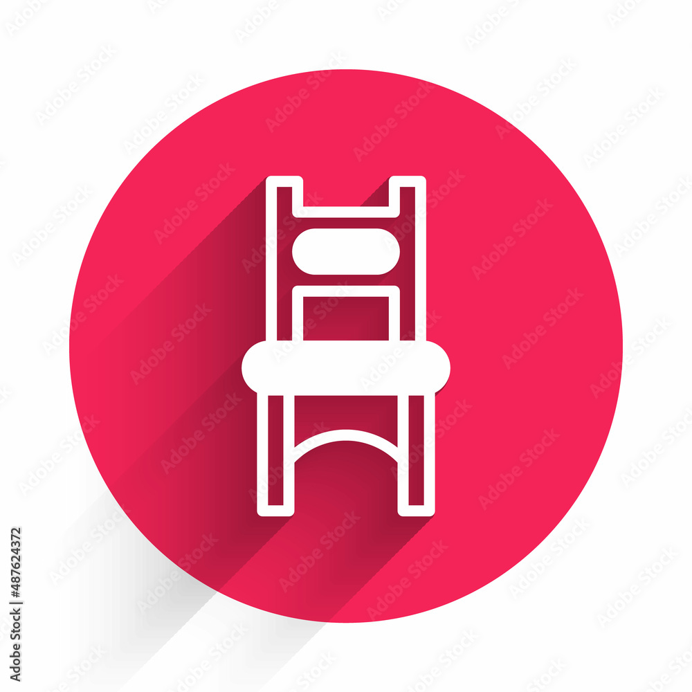 白色椅子图标与长阴影背景隔离。红色圆圈按钮。矢量