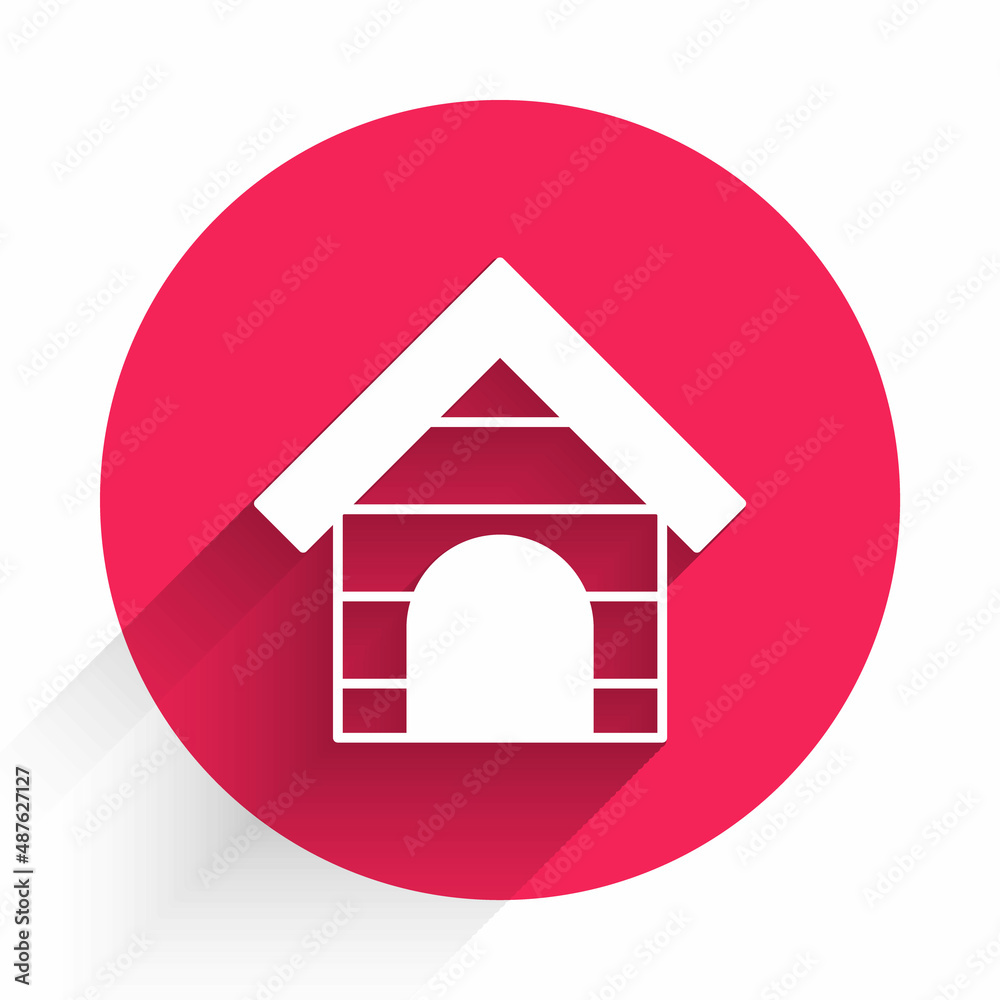 White Dog house icon isolated with long shadow background. Dog kennel. Red circle button. Vector