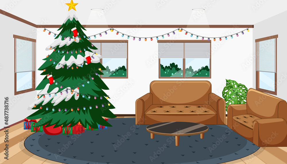 Empty living room with a Christmas tree