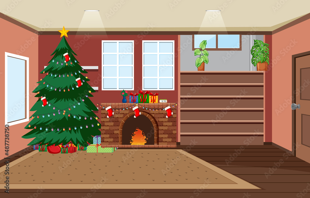 空房间里有圣诞树和用圣诞元素装饰的壁炉