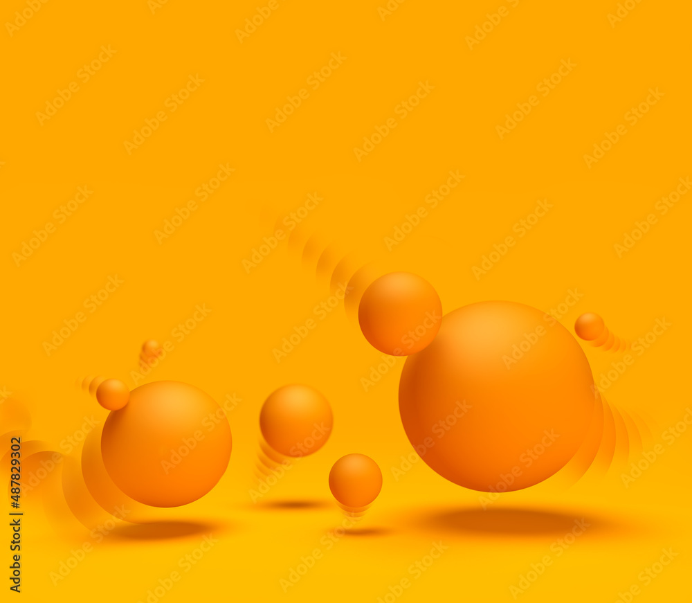 Fondo amarillo y naranja minimalista abstracto con bolas y espacio vacío.Ilustración 3d. Esferas reb