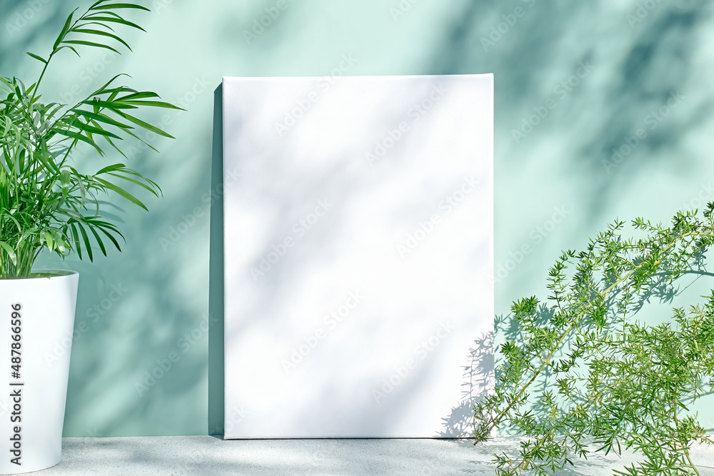 薄荷色表面的空白白色绘画画布，白色花盆中有棕榈、家庭植物和柔软的花朵