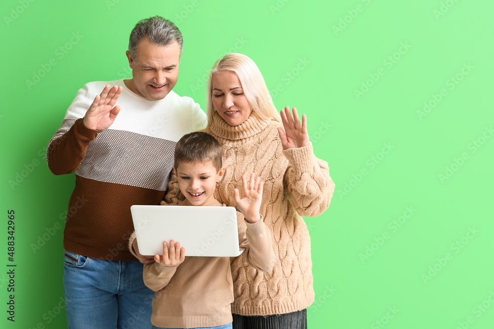 Little boy with his grandparents in warm sweaters video chatting on green background