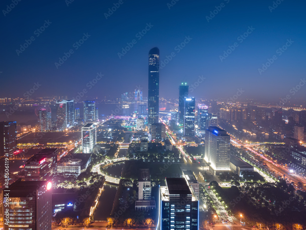 Aerial photography night view of Suzhou East Lake International Financial Center