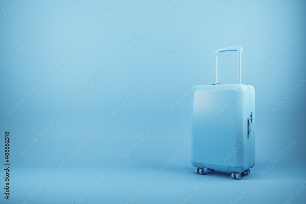 Abstract blue suitcase background with mock up place. Travel and luggage concept. 3D Rendering.