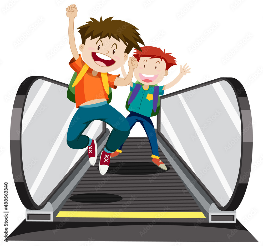 Front view of two boys on moving walkway
