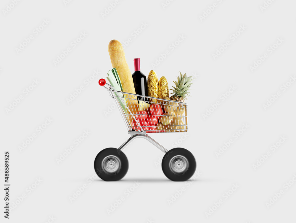 带汽车轮子的食品配送车在线超市的商业物流竞赛服务。
